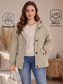 EMERY ROSE Plus Size Outdoor Casual Baggy Barrel Button Long Sleeve Hooded Jacket Travel Office Going Out Two Toned - Khaki - View 4