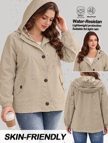 EMERY ROSE Plus Size Outdoor Casual Baggy Barrel Button Long Sleeve Hooded Jacket Travel Office Going Out Two Toned - Khaki - View 1