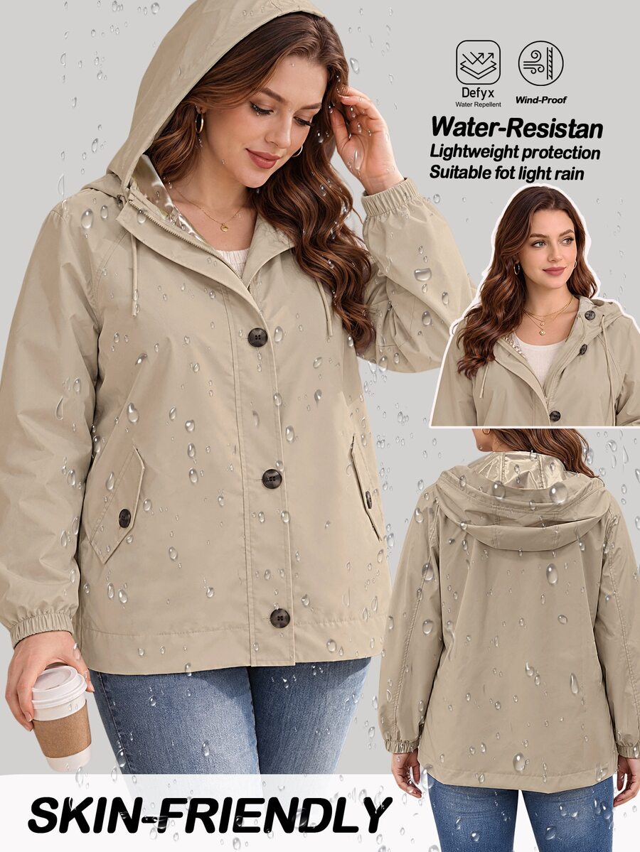 EMERY ROSE Plus Size Outdoor Casual Baggy Barrel Button Long Sleeve Hooded Jacket Travel Office Going Out Two Toned - Khaki - View 1