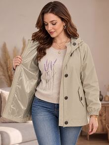 EMERY ROSE Plus Size Outdoor Casual Baggy Barrel Button Long Sleeve Hooded Jacket Travel Office Going Out Two Toned - Khaki - View 13