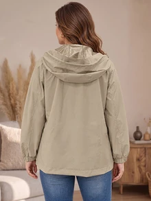EMERY ROSE Plus Size Outdoor Casual Baggy Barrel Button Long Sleeve Hooded Jacket Travel Office Going Out Two Toned - Khaki - View 3