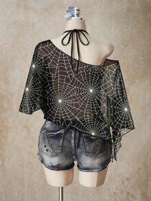 SHEIN ICON Atasan Jala Motif Laba-laba Halloween untuk Wanita Ukuran Besar - MultiWarna - View 3