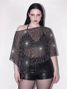 SHEIN ICON Atasan Jala Motif Laba-laba Halloween untuk Wanita Ukuran Besar - MultiWarna - View 1
