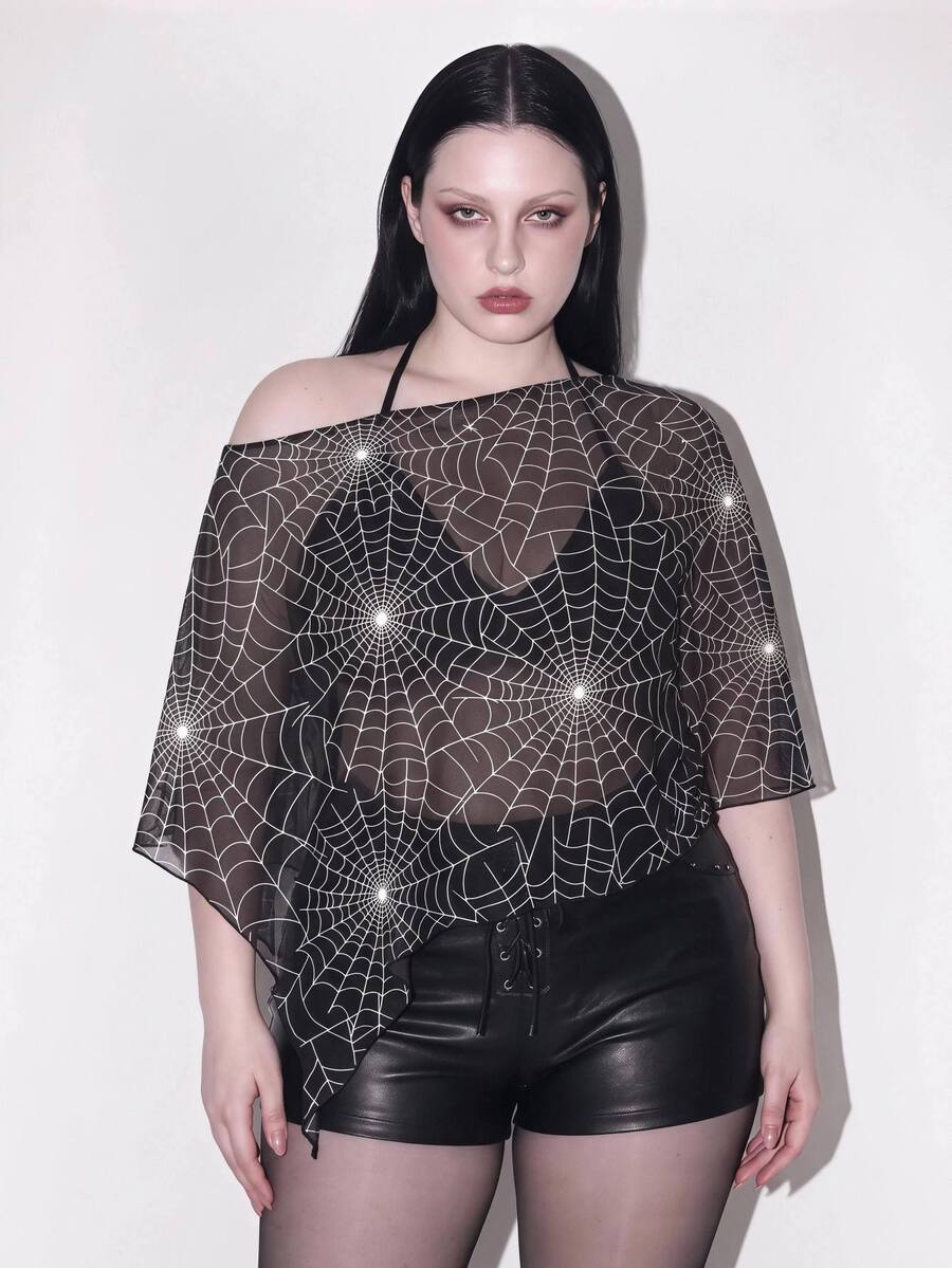 SHEIN ICON Atasan Jala Motif Laba-laba Halloween untuk Wanita Ukuran Besar - MultiWarna - View 1