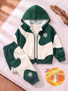 Young Boys Letter Embroidery Colorblock Zip Up Hoodie And Sweatpants 2 Pieces Sporty Outfit Set Birthday Beach Autumn White - Multicolor - View 3