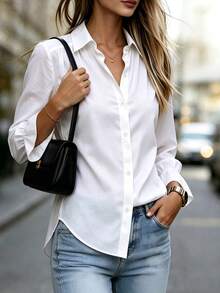 SHEIN Solid White Collared Long Sleeve Blouse For Women With Shoulder Pleats, Button Front, Ruffle Cuffs, Loose Fit And Curved Hem, Versatile Commuter Top - White - View 4