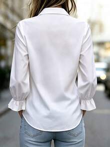 SHEIN Solid White Collared Long Sleeve Blouse For Women With Shoulder Pleats, Button Front, Ruffle Cuffs, Loose Fit And Curved Hem, Versatile Commuter Top - White - View 2