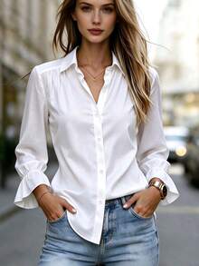 SHEIN Solid White Collared Long Sleeve Blouse For Women With Shoulder Pleats, Button Front, Ruffle Cuffs, Loose Fit And Curved Hem, Versatile Commuter Top - White - View 5