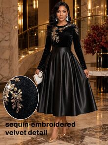 Fleurora Women's Patchwork Floral Sequin Round Neck Long Sleeve Elegant Dress - Black - View 1