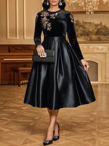 Fleurora Women's Patchwork Floral Sequin Round Neck Long Sleeve Elegant Dress - Black - View 2