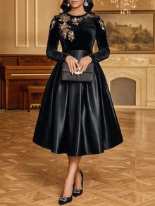 Fleurora Women's Patchwork Floral Sequin Round Neck Long Sleeve Elegant Dress - Black - View 4