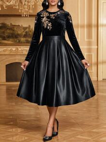Fleurora Women's Patchwork Floral Sequin Round Neck Long Sleeve Elegant Dress - Black - View 6
