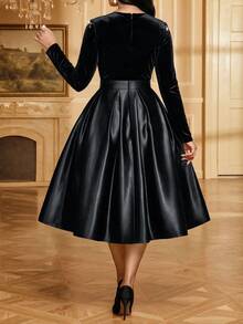 Fleurora Women's Patchwork Floral Sequin Round Neck Long Sleeve Elegant Dress - Black - View 7