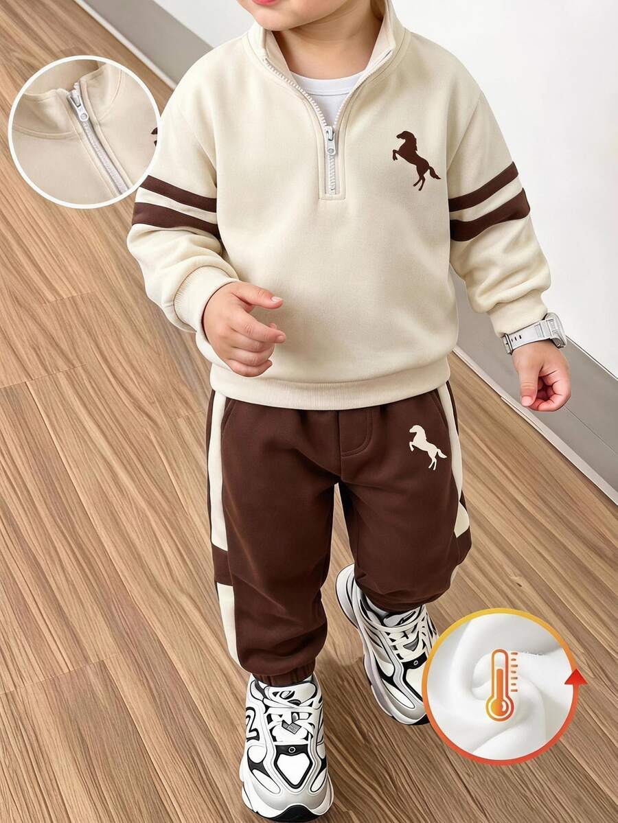 2pcs Boys Half-Zip Polo Collar Knight Logo Print Colorblock Striped Fleece Jacket And Matching Jogger Pants Set, Korean Style Loose Casual Versatile, Suitable For Autumn/Winter Daily Wear, Family Outings And Photo Shoots, Creating A Warm Family Atmosphere - Multicolor - View 1