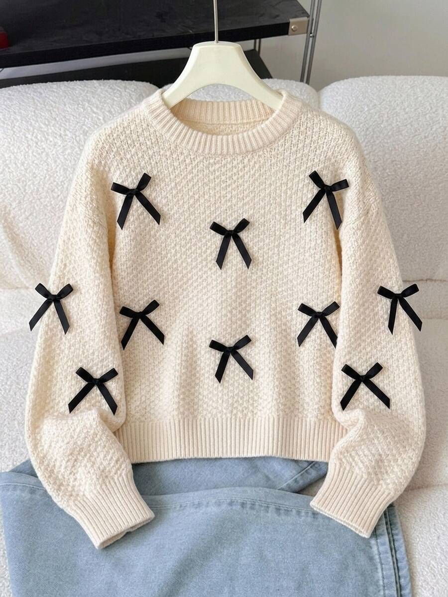 SHEIN Tween Girl Bow Front Kids Drop Shoulder Lantern Sleeve Autumn Winter Sweater - Apricot - View 1