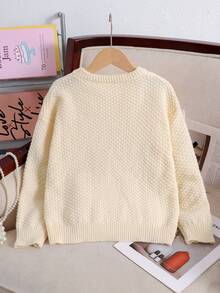 SHEIN Tween Girl Bow Front Kids Drop Shoulder Lantern Sleeve Autumn Winter Sweater - Apricot - View 3