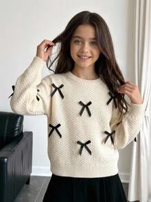 SHEIN Tween Girl Bow Front Kids Drop Shoulder Lantern Sleeve Autumn Winter Sweater - Apricot - View 7