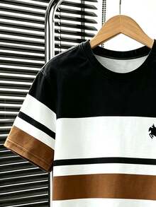 SHEIN Tween Boy Casual Baggy Comfortable Fashion Minimalist Personalized Black And White Brown Striped Print Pattern Colorblock Casual Style School Summer - Multicolor - View 4
