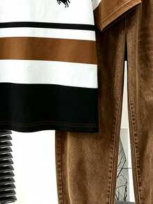SHEIN Tween Boy Casual Baggy Comfortable Fashion Minimalist Personalized Black And White Brown Striped Print Pattern Colorblock Casual Style School Summer - Multicolor - View 5