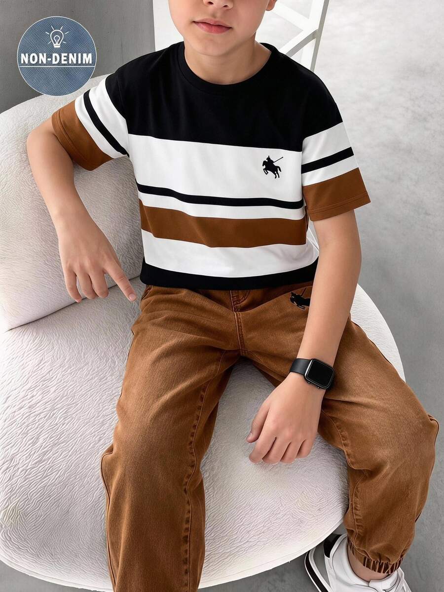 SHEIN Tween Boy Casual Baggy Comfortable Fashion Minimalist Personalized Black And White Brown Striped Print Pattern Colorblock Casual Style School Summer - Multicolor - View 1