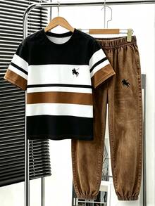 SHEIN Tween Boy Casual Baggy Comfortable Fashion Minimalist Personalized Black And White Brown Striped Print Pattern Colorblock Casual Style School Summer - Multicolor - View 3