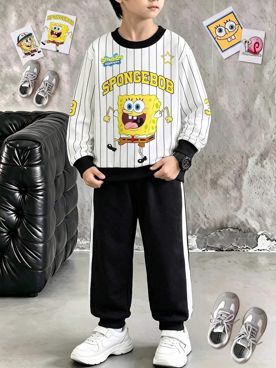 SpongeBob SquarePants | SHEIN 2pcs Tween Boys Sweatshirt Sets Casual Black Yellow Striped Pattern Long Sleeve Loose Fit Crew Neck School Fall Outfits Autumn - White - View 1