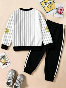 SpongeBob SquarePants | SHEIN 2pcs Tween Boys Sweatshirt Sets Casual Black Yellow Striped Pattern Long Sleeve Loose Fit Crew Neck School Fall Outfits Autumn - White - View 4