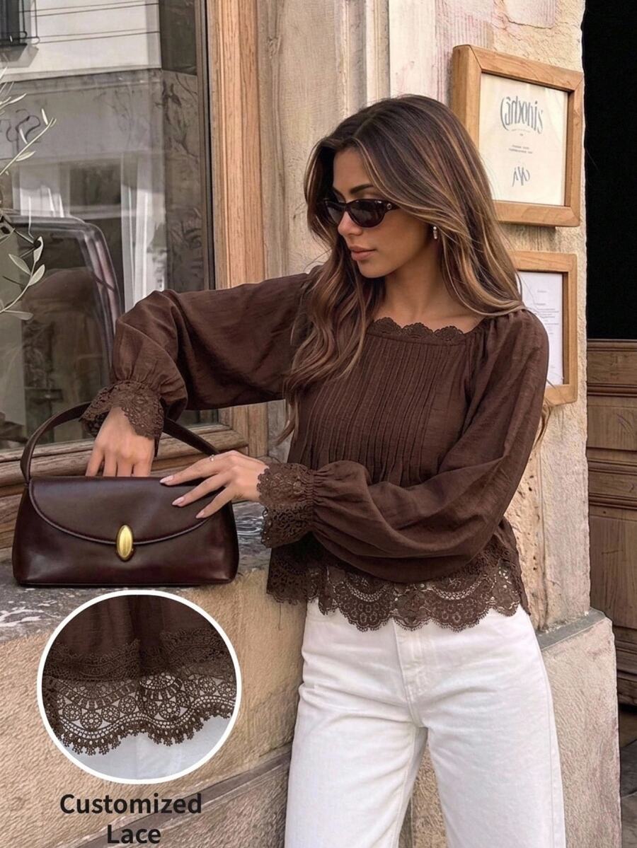 Serisse بلوزة نسائية بنية شوكولاتة بياقة مربعة وحافة دانتيل جيبور متباينة، أمامية مطوية وأكمام فانوس فضفاضة للخريف، بلوزة بحافة دانتيل مجعدة وكشكشة - لون مشمشي - مشاهدة 1