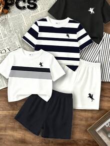 SHEIN 6件組男孩時尚馬標誌印花圓領T恤與純色短褲，多件式夏季套裝，適合學校與生日穿著，白色 - 彩色 - 查看 5
