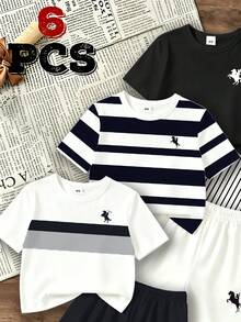 SHEIN 6件組男孩時尚馬標誌印花圓領T恤與純色短褲，多件式夏季套裝，適合學校與生日穿著，白色 - 彩色 - 查看 3