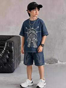 Digital English Graphic Short Sleeve T-Shirt And Shorts Set, Spring/Summer Casual Comfortable Fashion Style, Suitable For Outings,School Clothes - Multicolor - View 1