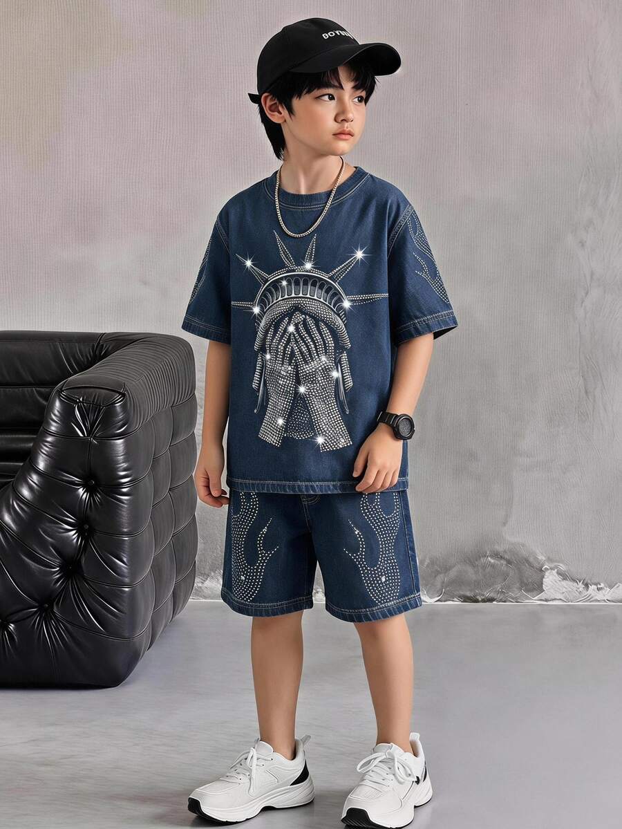 Digital English Graphic Short Sleeve T-Shirt And Shorts Set, Spring/Summer Casual Comfortable Fashion Style, Suitable For Outings,School Clothes - Multicolor - View 1