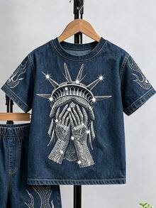 Digital English Graphic Short Sleeve T-Shirt And Shorts Set, Spring/Summer Casual Comfortable Fashion Style, Suitable For Outings,School Clothes - Multicolor - View 3