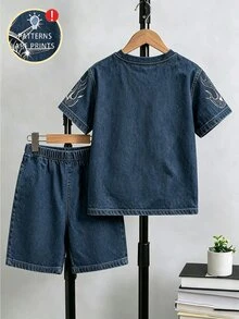 Digital English Graphic Short Sleeve T-Shirt And Shorts Set, Spring/Summer Casual Comfortable Fashion Style, Suitable For Outings,School Clothes - Multicolor - View 2