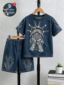 Digital English Graphic Short Sleeve T-Shirt And Shorts Set, Spring/Summer Casual Comfortable Fashion Style, Suitable For Outings,School Clothes - Multicolor - View 4