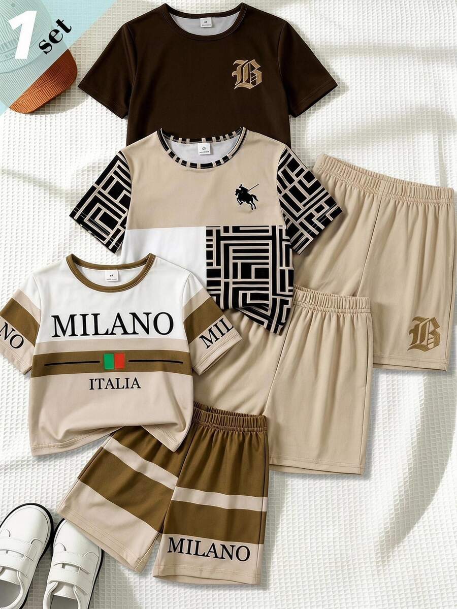 1 Set, Pony Series Graphic Print Casual Fashion Crew Neck Sleeve T-Shirt With Color Block Stripes Birthday White Summer
