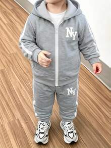 Young Boys 2 Pieces Set Simple Casual Colorblock White Letter Print Hooded Zip-Up Fleece Sweatshirt Jacket Sweatpants Outfit Autumn/Winter Birthday - Multicolor - View 1