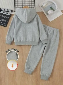 Young Boys 2 Pieces Set Simple Casual Colorblock White Letter Print Hooded Zip-Up Fleece Sweatshirt Jacket Sweatpants Outfit Autumn/Winter Birthday - Multicolor - View 2