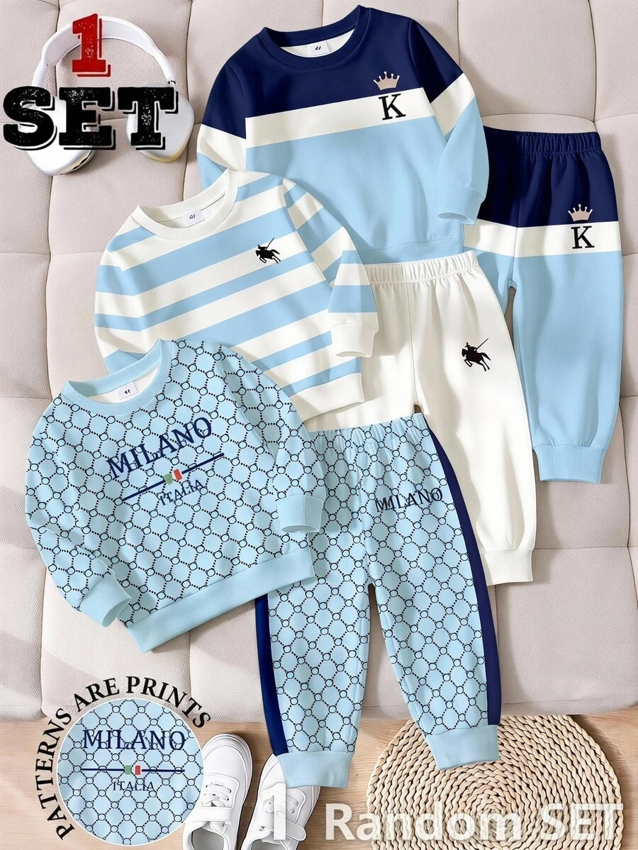 2pcs Young Boys Sweatshirt Set Preppy Blue White Striped Geometric Print Drop Shoulder Long Sleeve Crewneck School Fall Back To School - Multicolor - View 1