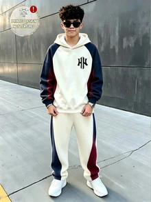 青少年男孩街頭風米色海軍藍拼色圖案長袖連帽衛衣，秋季冬季返校休閒運動酷感上衣 - 彩色 - 查看 4