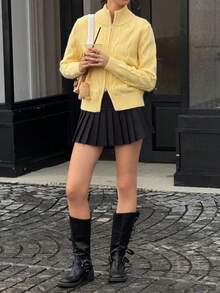 Sundraya Women's Fashion Casual Preppy Twist Knit Zip-Up Cardigan Brunch School Light Yellow Autumn - Yellow - View 7