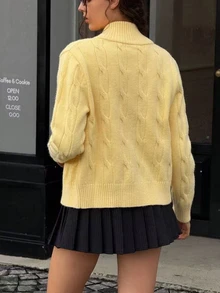 Sundraya Women's Fashion Casual Preppy Twist Knit Zip-Up Cardigan Brunch School Light Yellow Autumn - Yellow - View 2