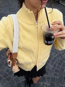 Sundraya Women's Fashion Casual Preppy Twist Knit Zip-Up Cardigan Brunch School Light Yellow Autumn - Yellow - View 3