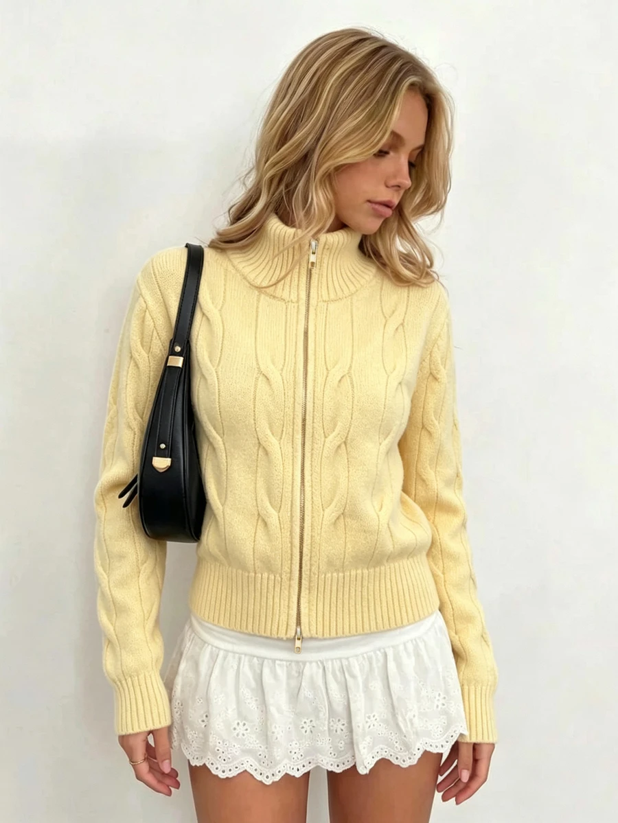 Sundraya Women's Fashion Casual Preppy Twist Knit Zip-Up Cardigan Brunch School Light Yellow Autumn - Yellow - View 1