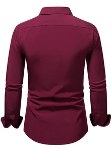 Calvornis Men's Spring/Summer Color Block Long Sleeve Pocketed Casual Dress Formal Shirt For Work Or Leisure, Husband, Red Men, Dark Fall, Ceremony - Burgundy - View 2