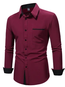 Calvornis Men's Spring/Summer Color Block Long Sleeve Pocketed Casual Dress Formal Shirt For Work Or Leisure, Husband, Red Men, Dark Fall, Ceremony - Burgundy - View 5