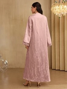 Mulvari 女士V领优雅提花缎带蕾丝拼接长袖喇叭连衣裙 - 粉色 - 查看 2