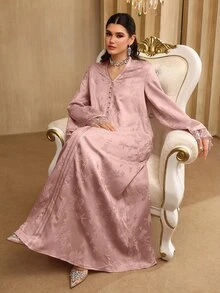 Mulvari 女士V领优雅提花缎带蕾丝拼接长袖喇叭连衣裙 - 粉色 - 查看 8