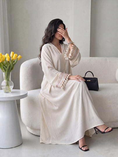 SHEIN Najma Hooded Lace Ribbon Batwing Sleeve Tassel Dress For Women