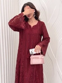 Mulvari Square Neck Lace Tassel 3/4 Sleeve Flared Women's Arabic Dress - Burgundy - View 1